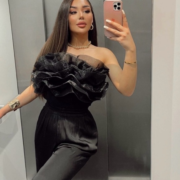 Zara top bandeau tulle black cropped blouse - Picture 2 of 9